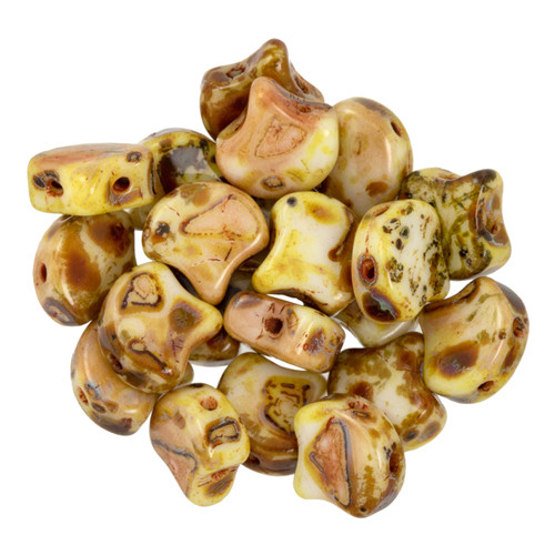 2-Hole GINKGO LEAF Czech Glass Beads Opaque White - Picasso